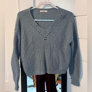 Gray V-Neck Ribbed Sweater with Geometric Design